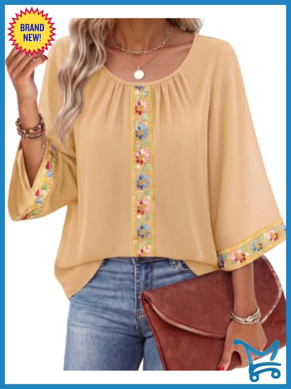 Women's Embroidered Chiffon Blouse 3/4 Bell Sleeve Crew Neck Top